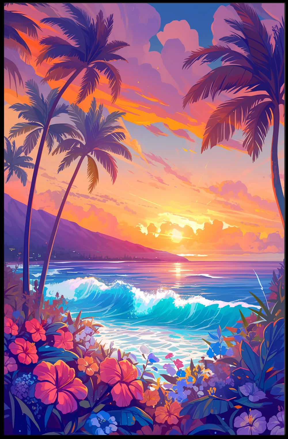 Tropical Sunset Beach Scene Illustrated Poster