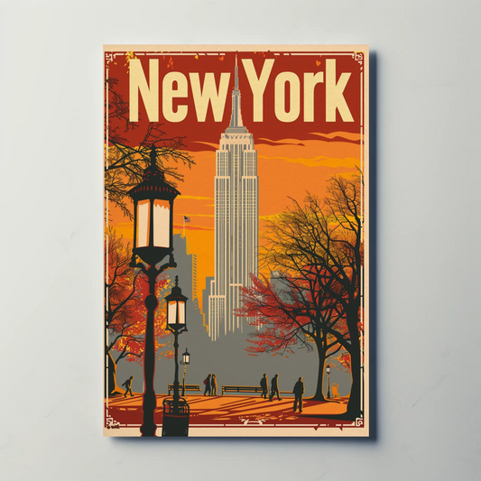 New York Orange Sky Autumn Cityscape Vintage Travel Poster
