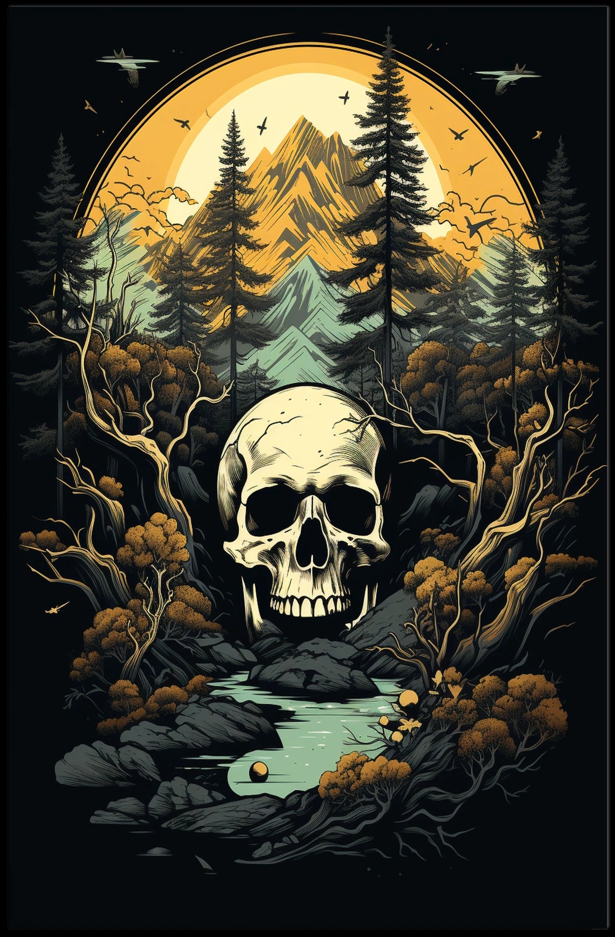 Dramatic Wilderness Skull Scene Art Print - Abstract, Artistic, or Pop Culture Poster