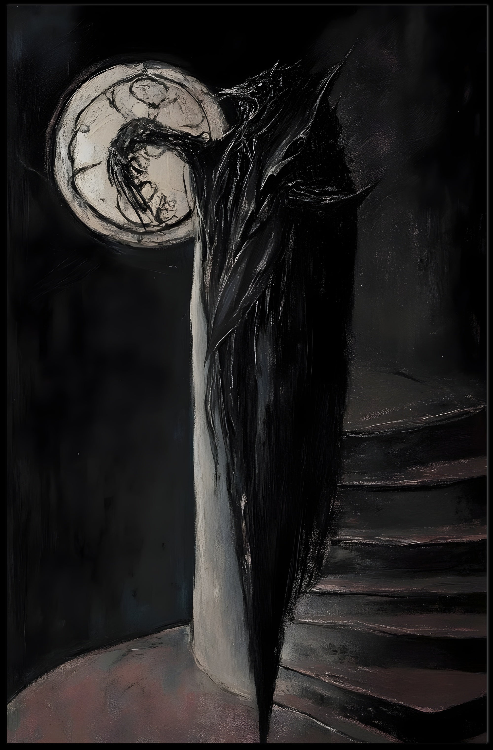Shadowy Figure Meets Cracked Moon Fantasy or Mythology Poster PosterGoat