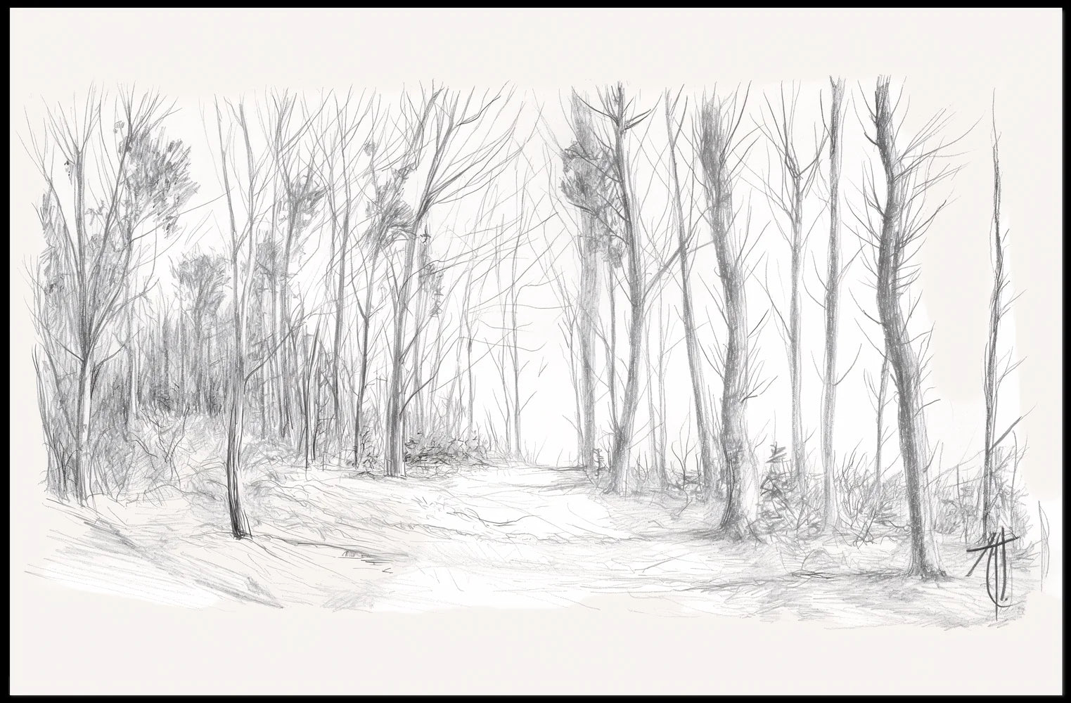 Tranquil Winter Forest Pencil Sketch Art Poster