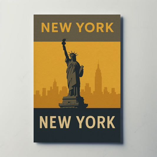New York City Statue Skyline Yellow Vintage Travel Poster