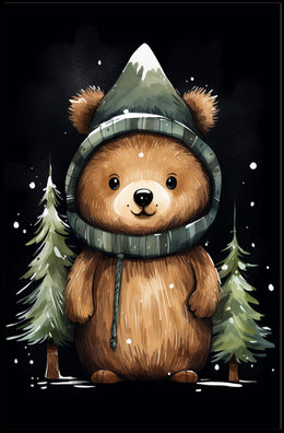 Whimsical Bear in Mountain Hood Cartoon Poster