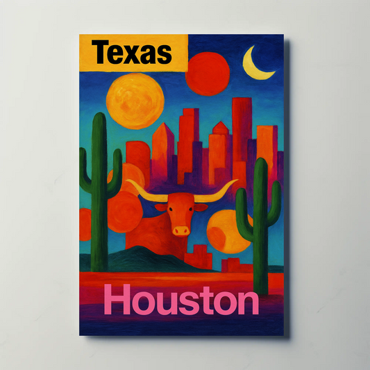 Texas Houston Longhorn Cactus Sunset Cityscape Vintage Travel Poster