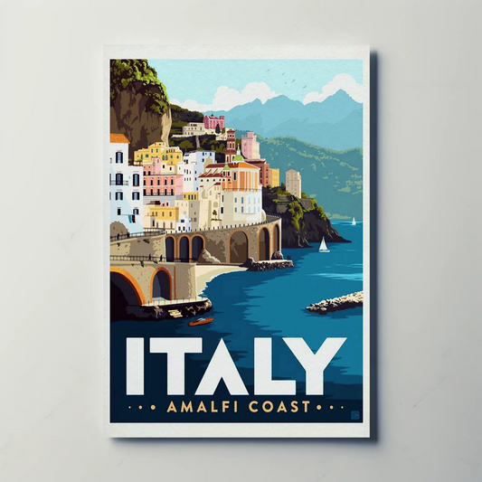 Italy Amalfi Coast Seaside Cliffs Boats Vintage Travel Poster