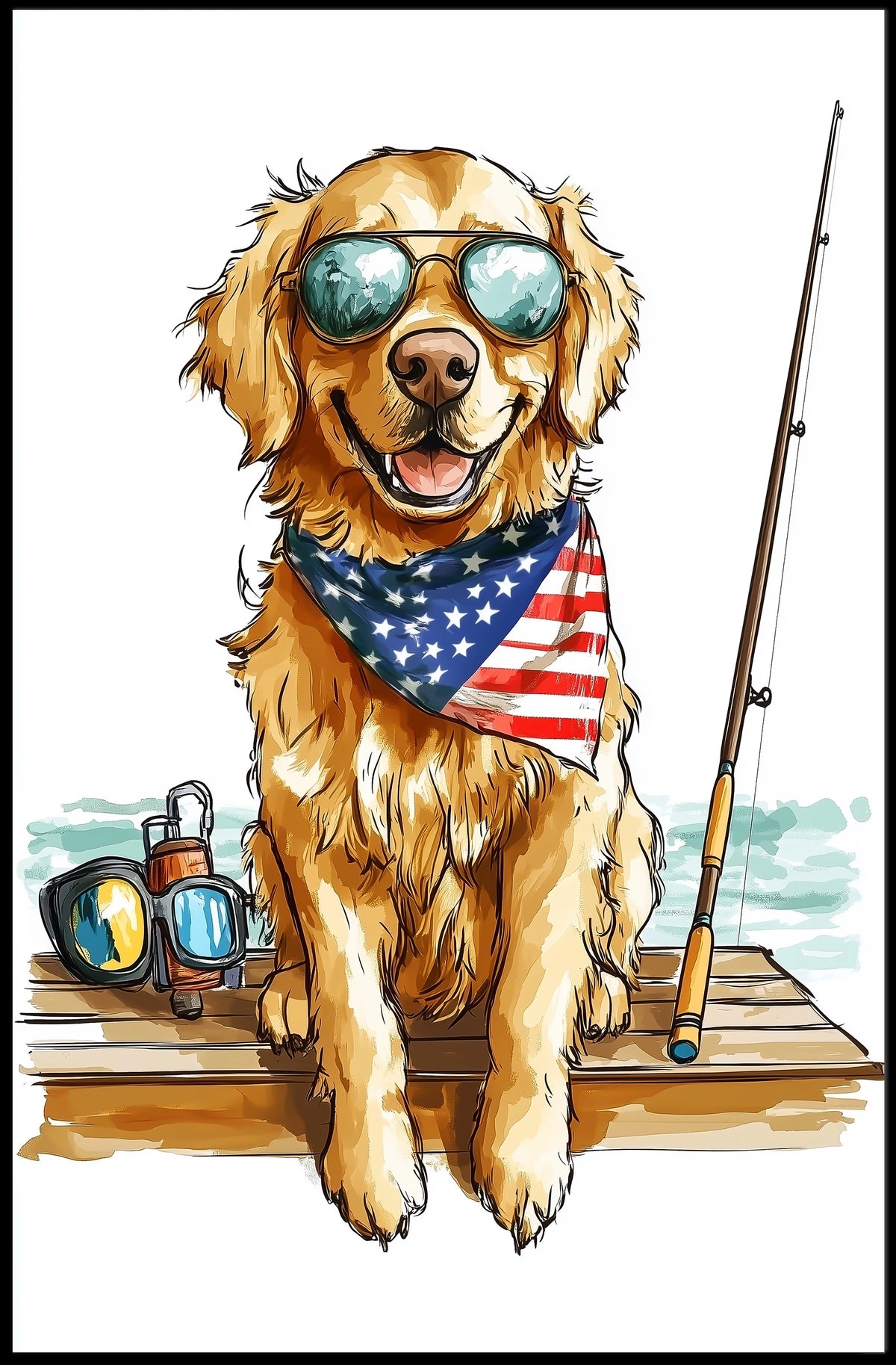 Golden Retriever Fishing Scene Artwork Home Decor Poster
