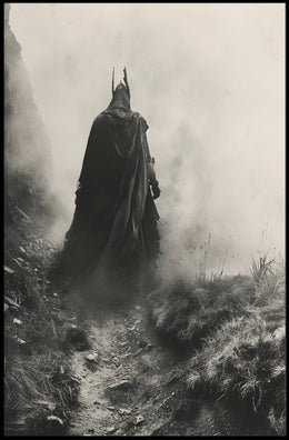Mysterious Cloaked Figure in Foggy Terrain Fantasy Poster PosterGoat