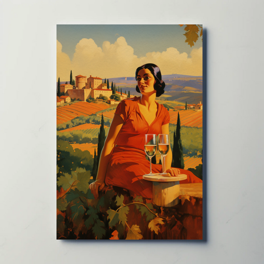 Woman In Tuscany Vineyard With Wine Vintage Travel Poster