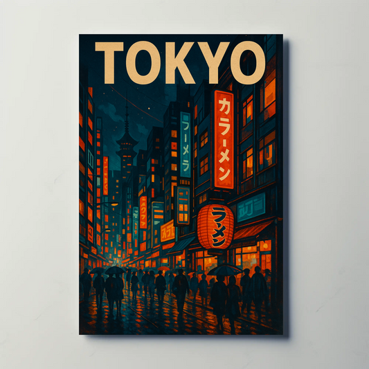 Tokyo Night Rain Lantern Travel Poster