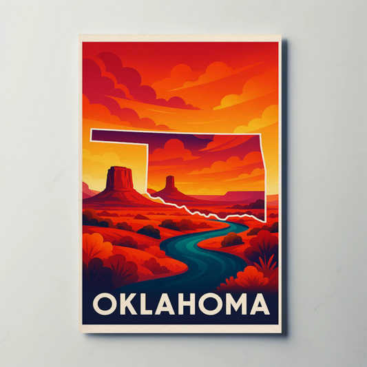 Oklahoma Red Desert State Outline Sunset Colors Travel Poster