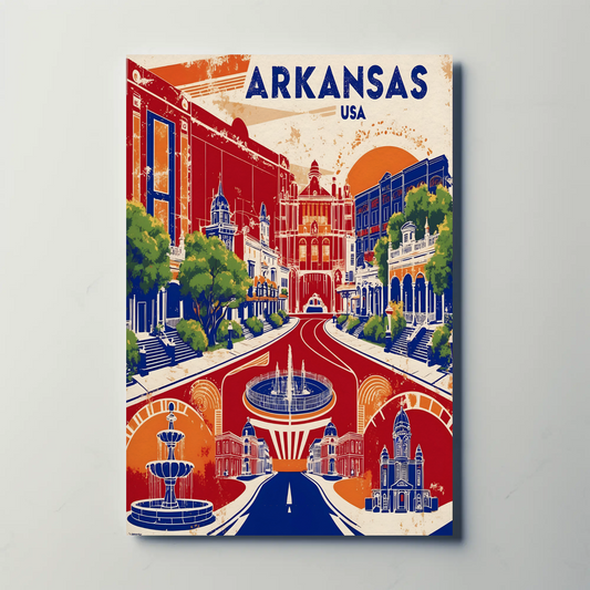 Arkansas Grand Street Circle Vintage Maroon Travel Poster USA