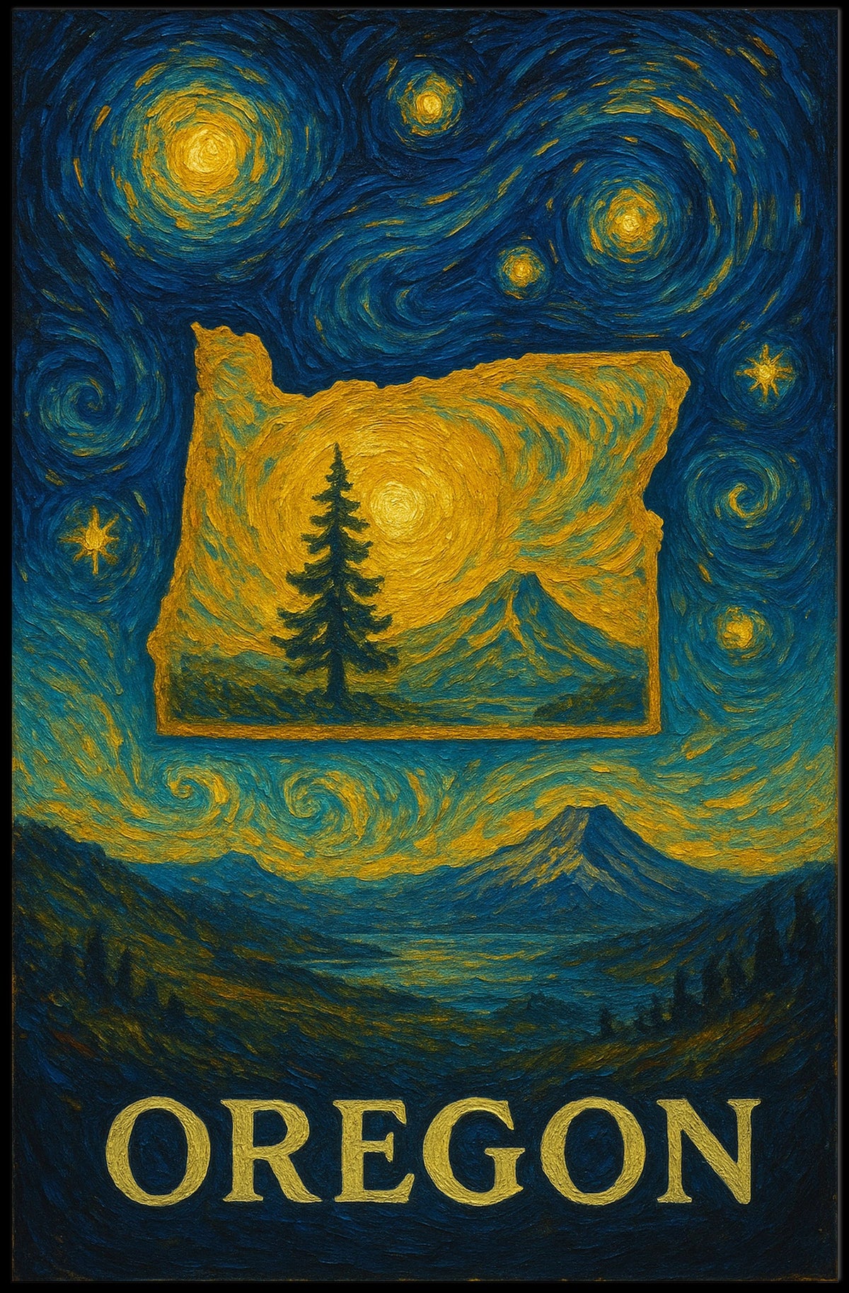 Oregon's Dreamy Landscape in Van Gogh's Style Artistic Poster