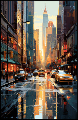 Stylized Urban Cityscape at Sundown Artistic Poster