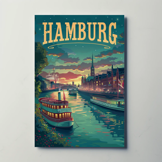 Hamburg Riverfront Twilight Travel Poster