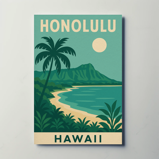 Honolulu Hawaii Beach Palm Trees Coastline Travel Poster