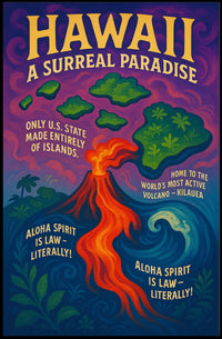 The poster features a vibrant and surreal depiction of Hawaii. The core subject Travel Poster