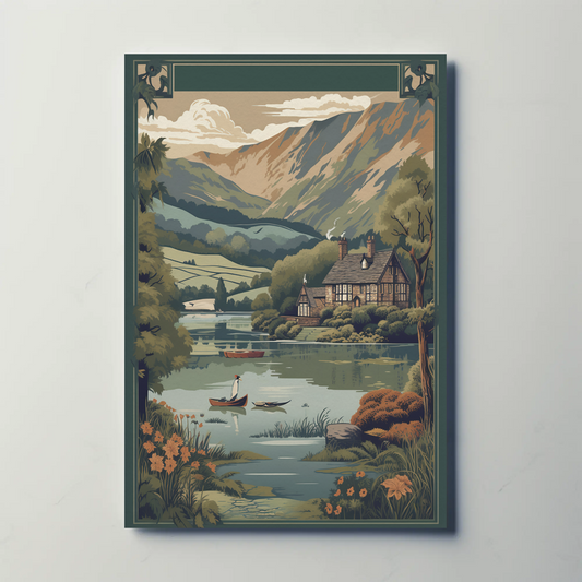 Lake House Mountains Canoe Paddler Nature Escape Travel Poster