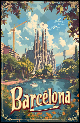 Barcelona Travel Poster with Sagrada Familia and Sunlit Scene