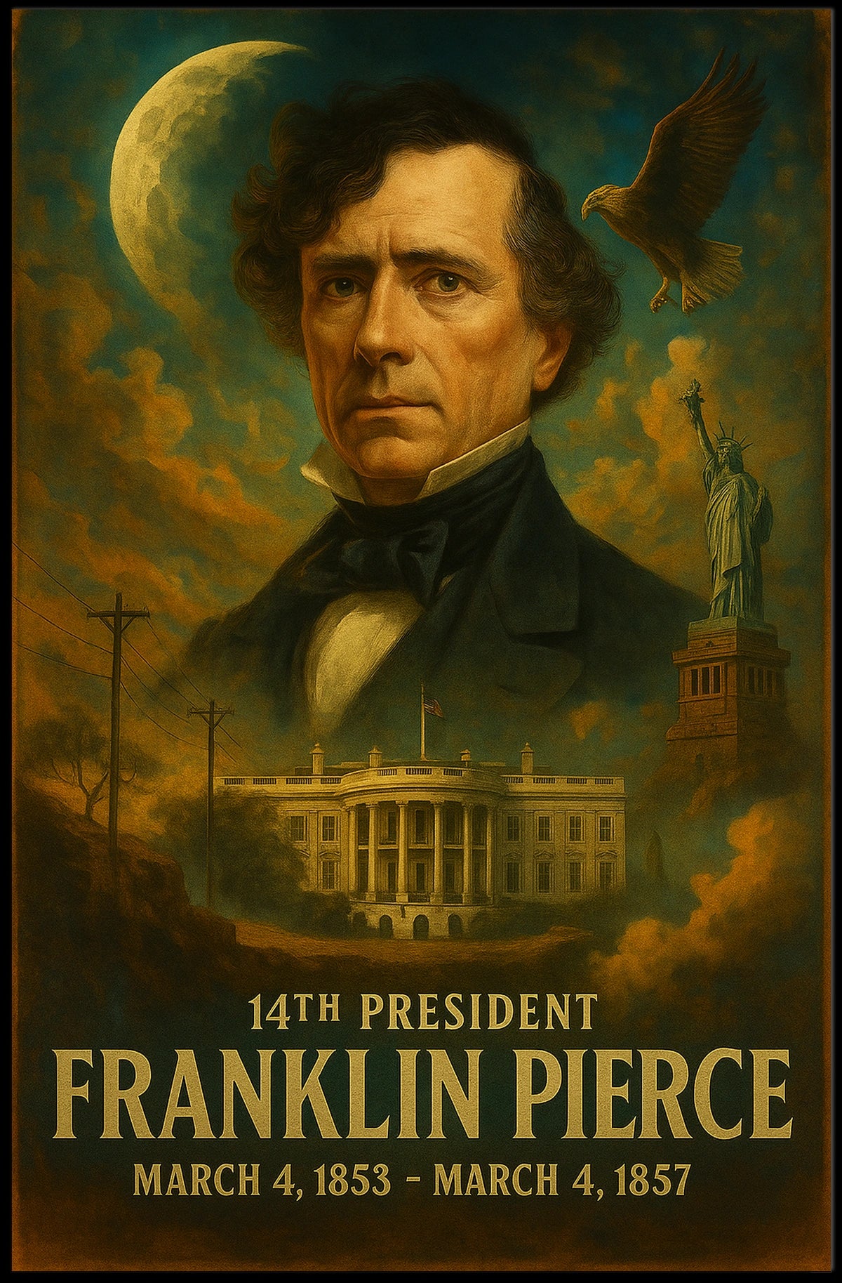 Franklin Pierce 14th President Historical Portrait Neoclassical Realism Vintage Patriotism Poster