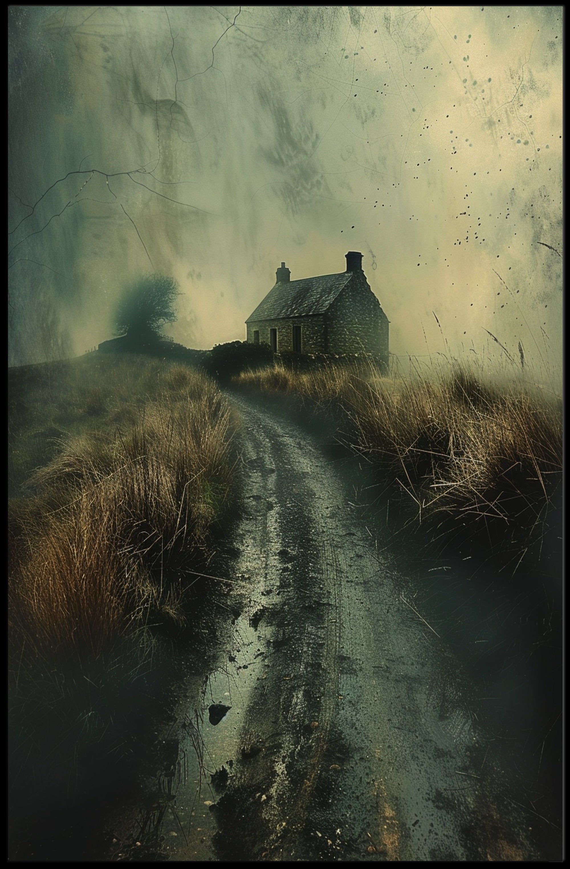 Solitary Stone House in Moody Photorealistic Artistic Poster PosterGoat