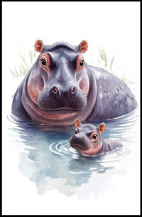 Mother and Baby Hippopotamus Digital Animal Poster