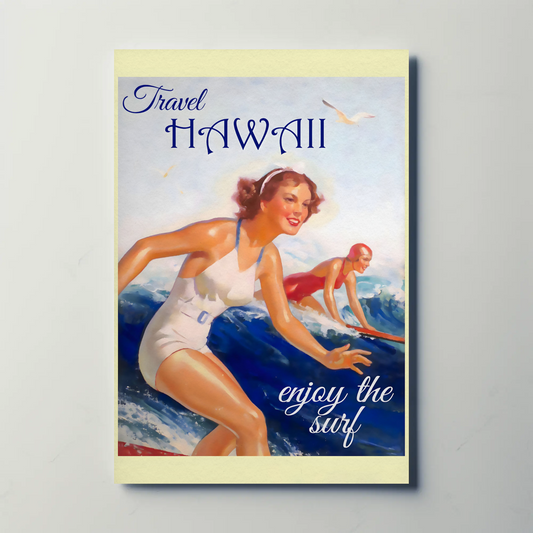 Hawaii Vintage Women Surfing Ocean Retro Travel Poster