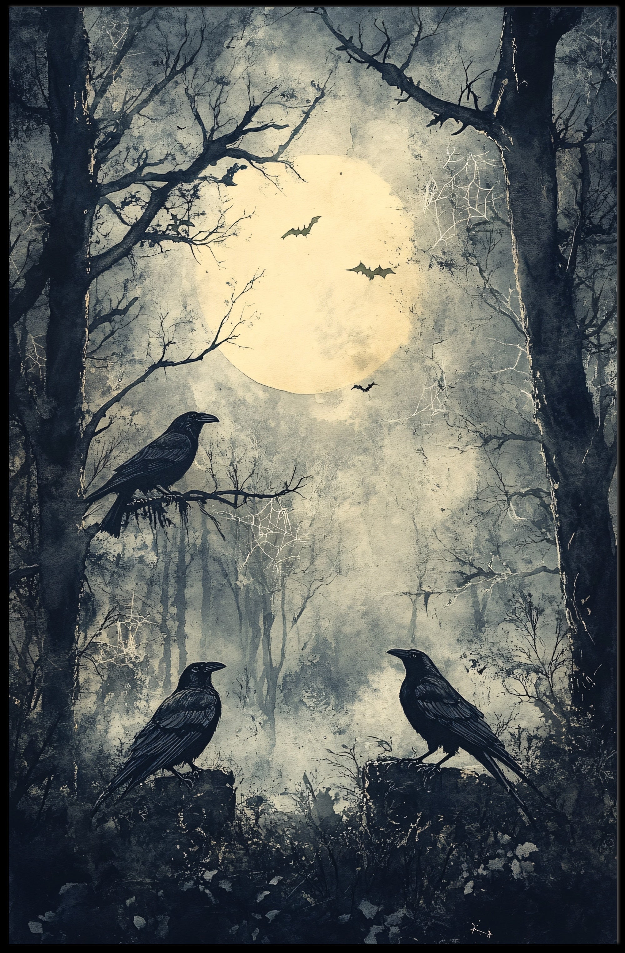 Moonlit Forest With Ravens Poster