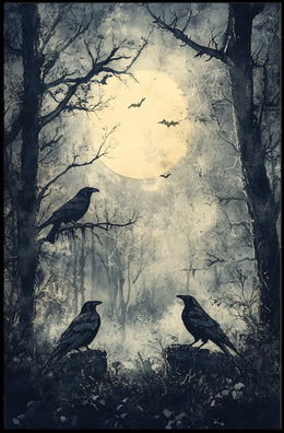 Moonlit Forest With Ravens Poster