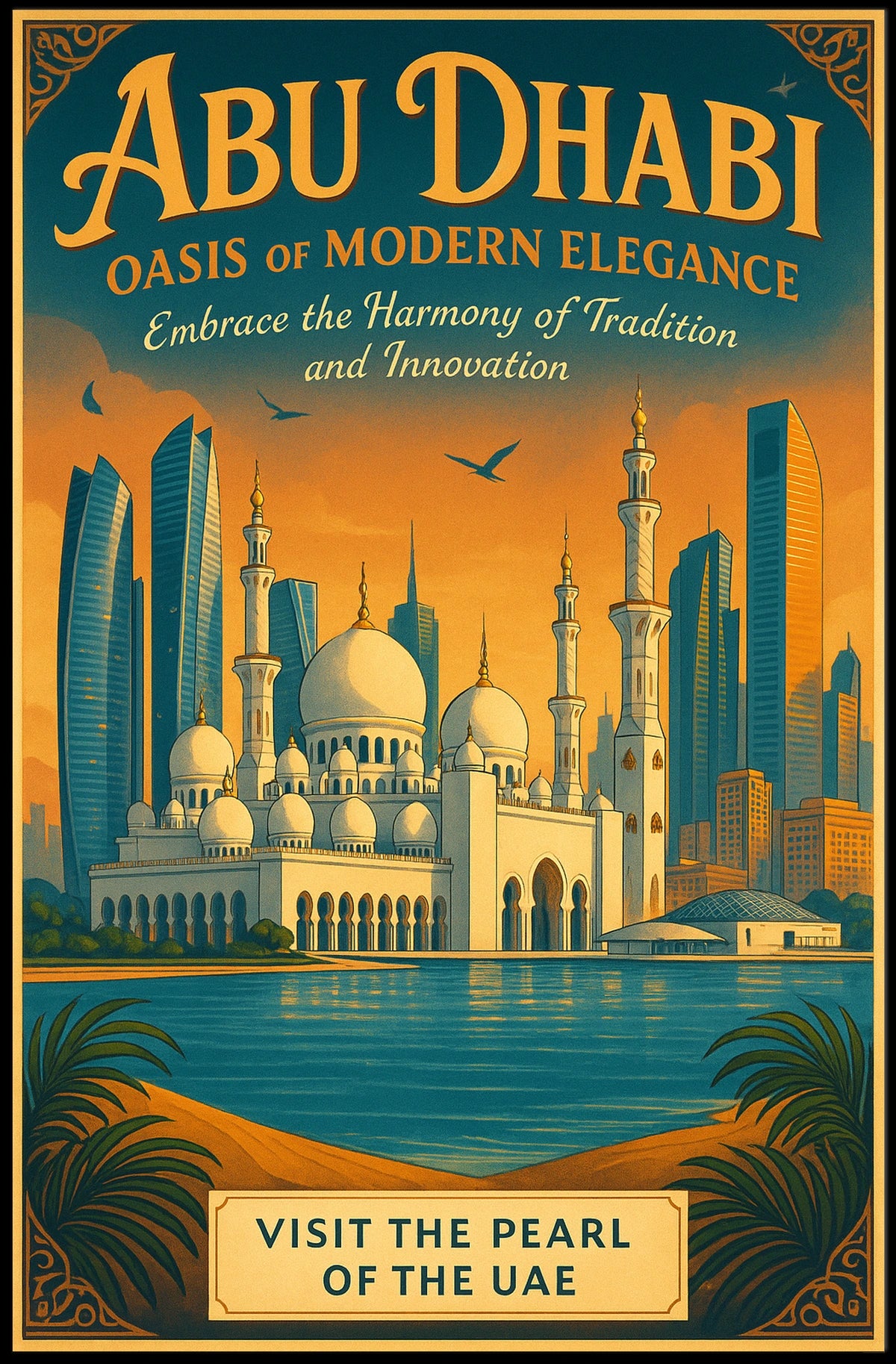 Abu Dhabi Skyline Vintage Art Travel Poster