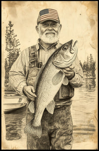 Vintage Style Fisherman Holding Large Bass Rustic Poster