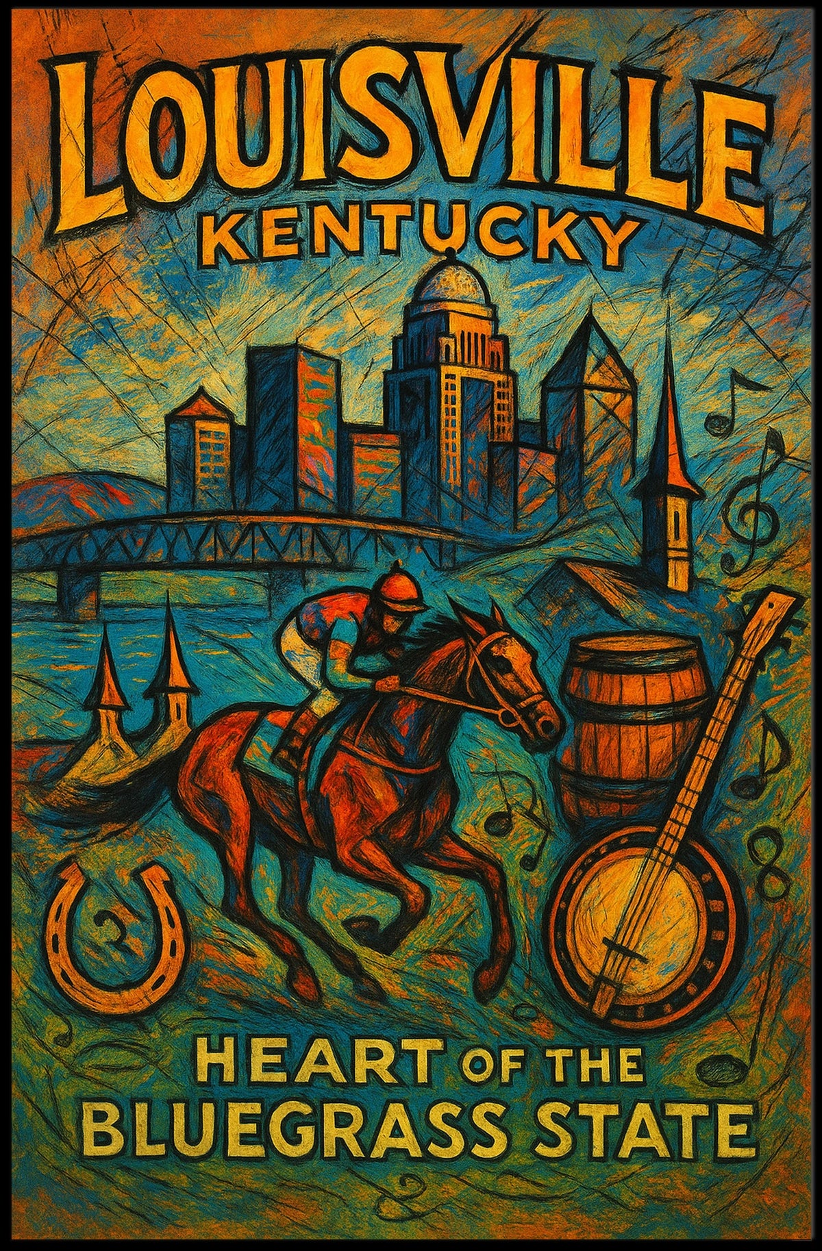 Louisville Kentucky Heartland Bluegrass Cityscape Heritage Vivid Nightlife Spirit Wall Art Poster