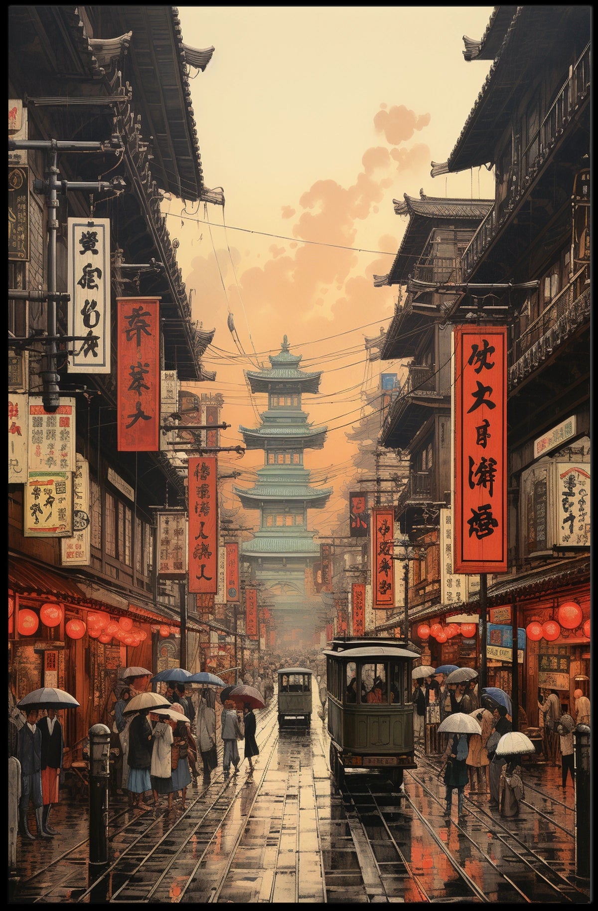 Vibrant Historical Asian Street Scene Cultural Heritage Poster