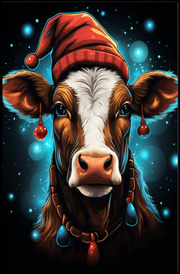 Festive Cow in Santa Hat Christmas Poster