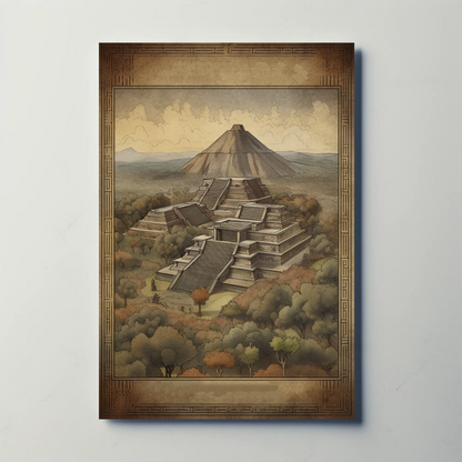 Mexico Teotihuacan Pyramids Volcano Vintage Travel Poster