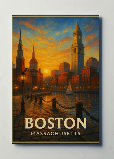 Boston Massachusetts Sunset Harbor Cityscape Travel Poster