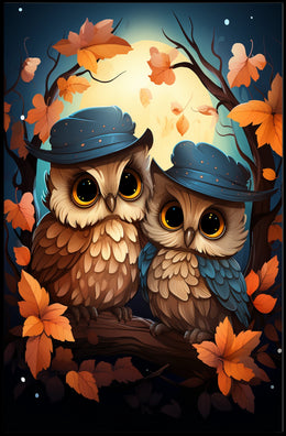 Whimsical Owls Autumn Moonlight Wall Art Poster