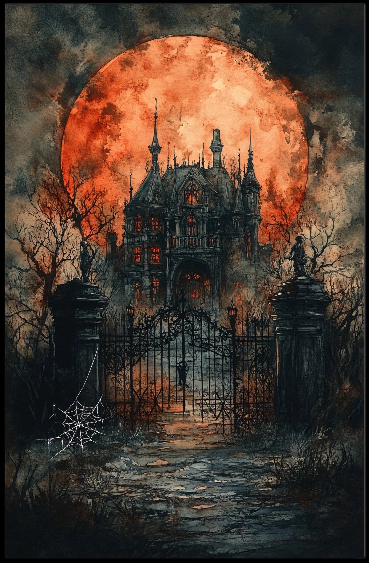 Gothic Mansion Eerie Full Moon Artistic Poster