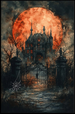 Gothic Mansion Eerie Full Moon Artistic Poster
