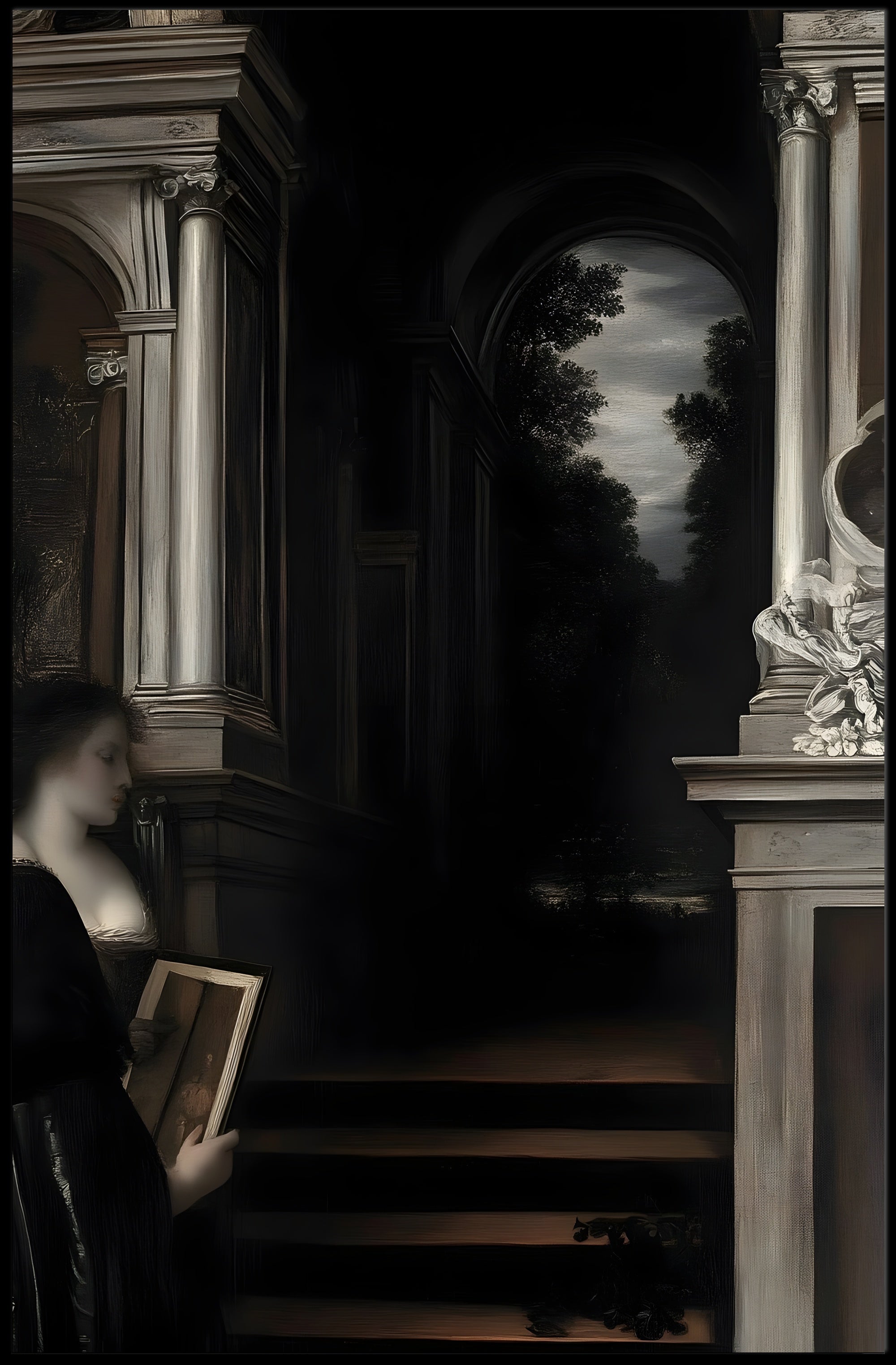 Contemplative Woman in Renaissance Scene Romantic Artistic Poster PosterGoat