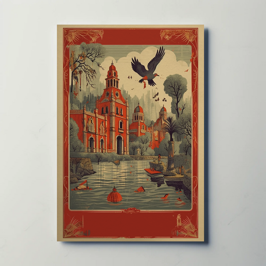 Mexico Cathedral Lake Reflections Birds Sunset Travel Poster