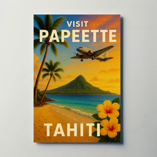 Visit Papeete Tahiti Beach Plane Mountain Paradise Travel Poster