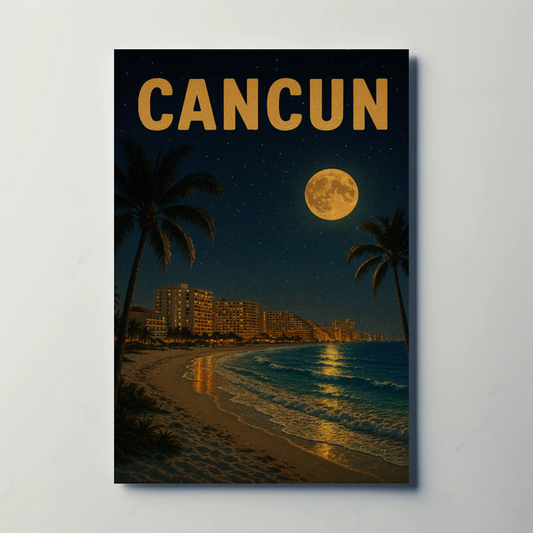 Cancun Beachfront Skyline Moonlight Travel Poster