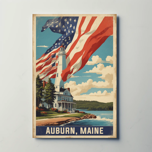 Auburn Maine Lighthouse Coastal Home Vintage Travel Poster