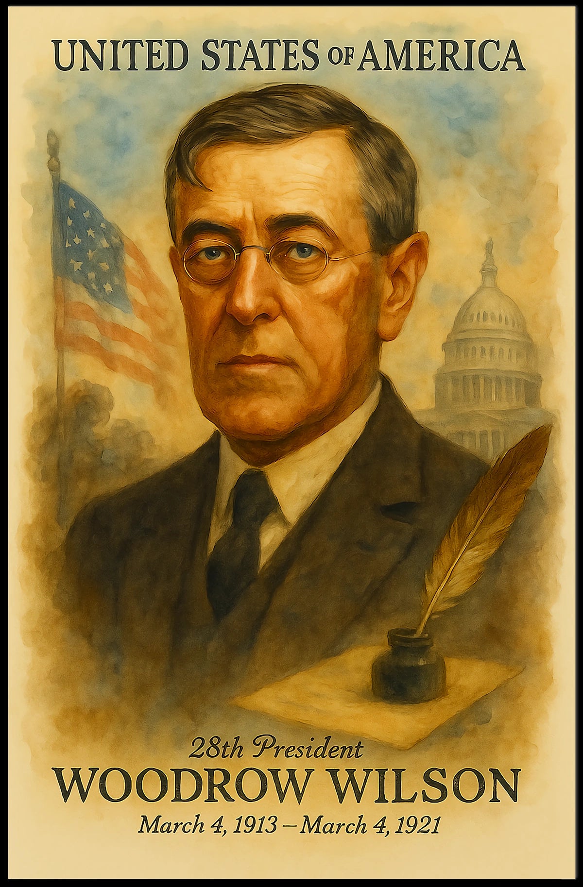 Woodrow Wilson 28th President of the United States Vintage Watercolor Poster