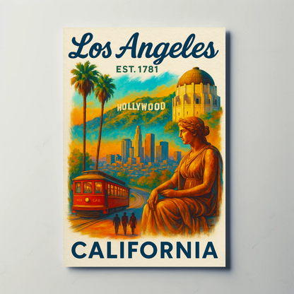 Los Angeles Hollywood Griffith Trolley Sunset Vintage Travel Poster
