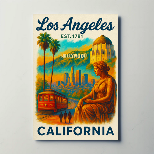 Los Angeles Hollywood Griffith Trolley Sunset Vintage Travel Poster