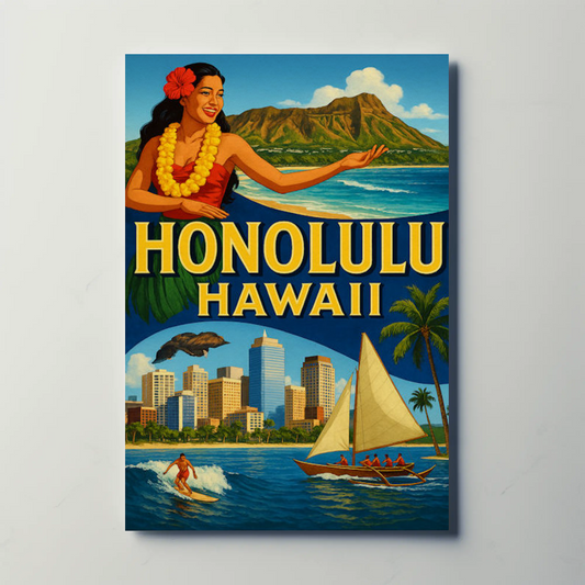 Honolulu Hawaii Surfer Skyline Hula Travel Poster