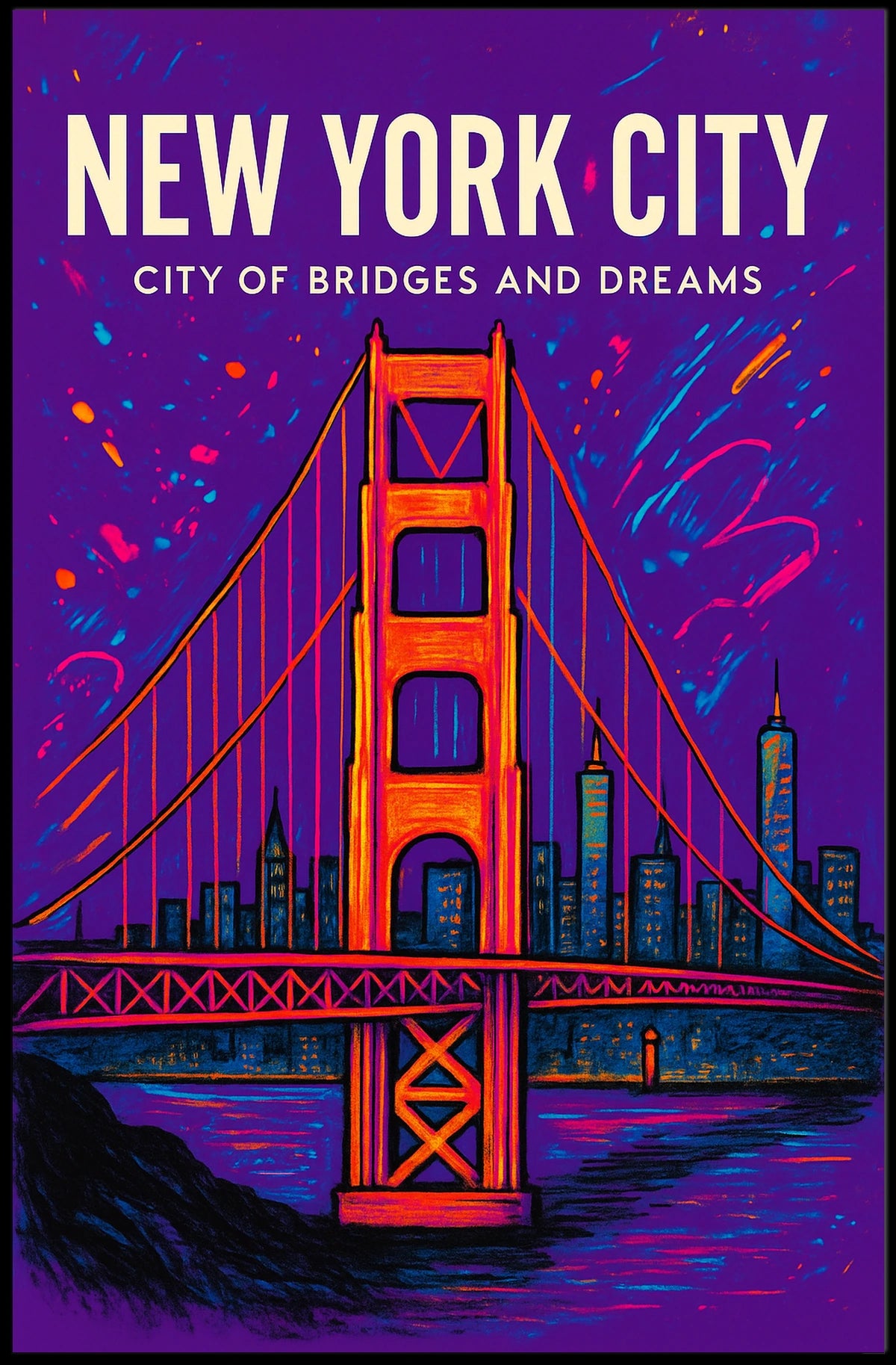 New York City Skyline Vibrant Bridge Poster Art