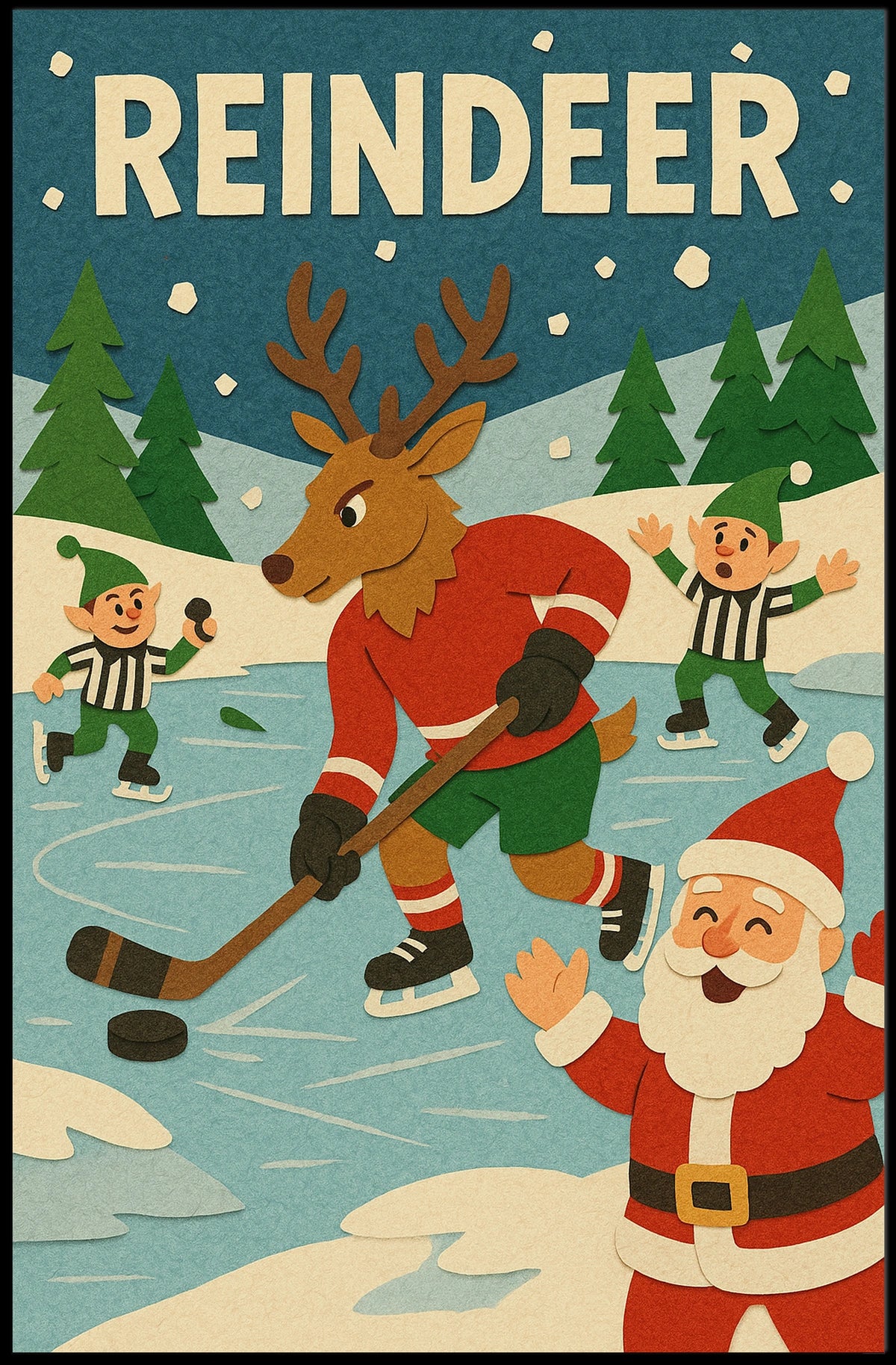 Festive Reindeer Ice Hockey Holiday Sports Poster