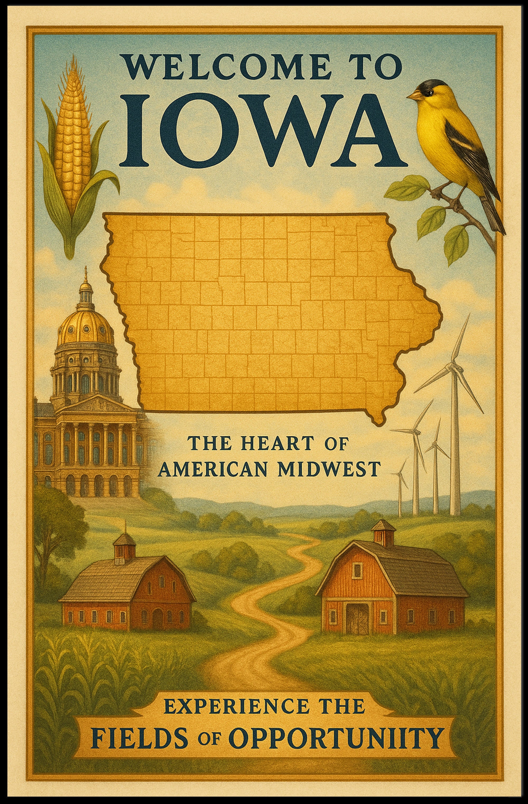 Iowa Heart of the Midwest Vintage Travel Poster